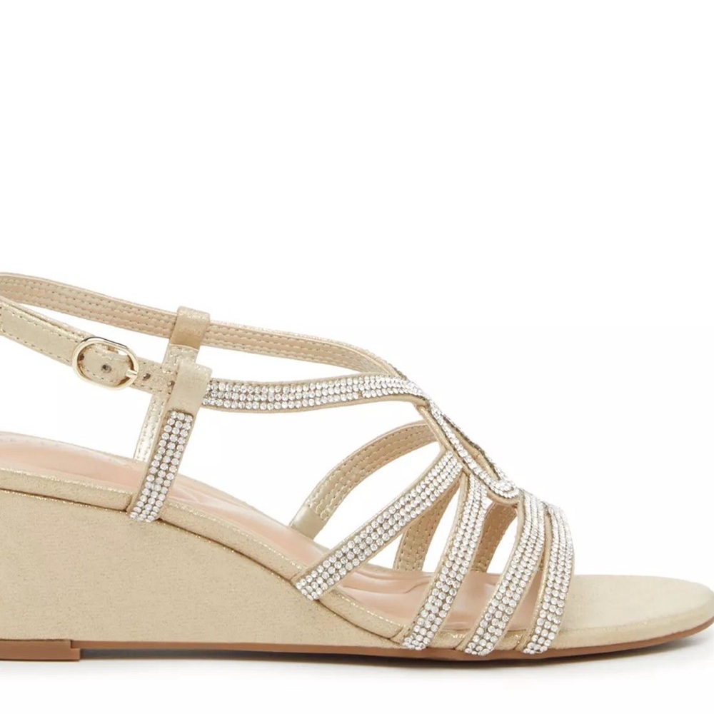 Kelly & Katie gold metallic wedge heel and rhinestone straps comfy wedding event